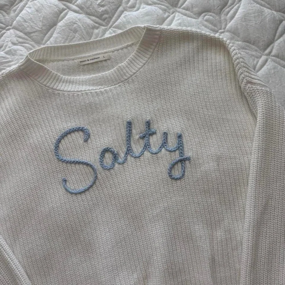 cream and sky blue knitted beachy sweater 